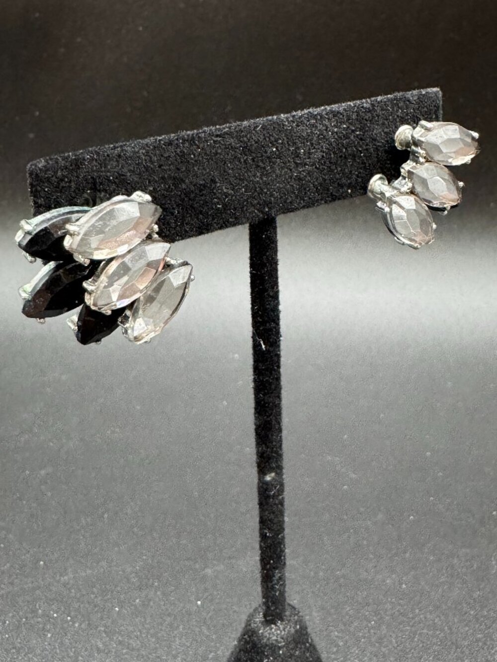 Vintage Pierced Earrings Clear and Black Marquise Stones - Picture 5 of 8